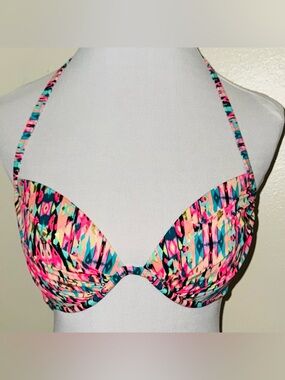 Shade & Shore Neon Metallic Abstract Padded Underwire Swim Bra Top, Sz 34D